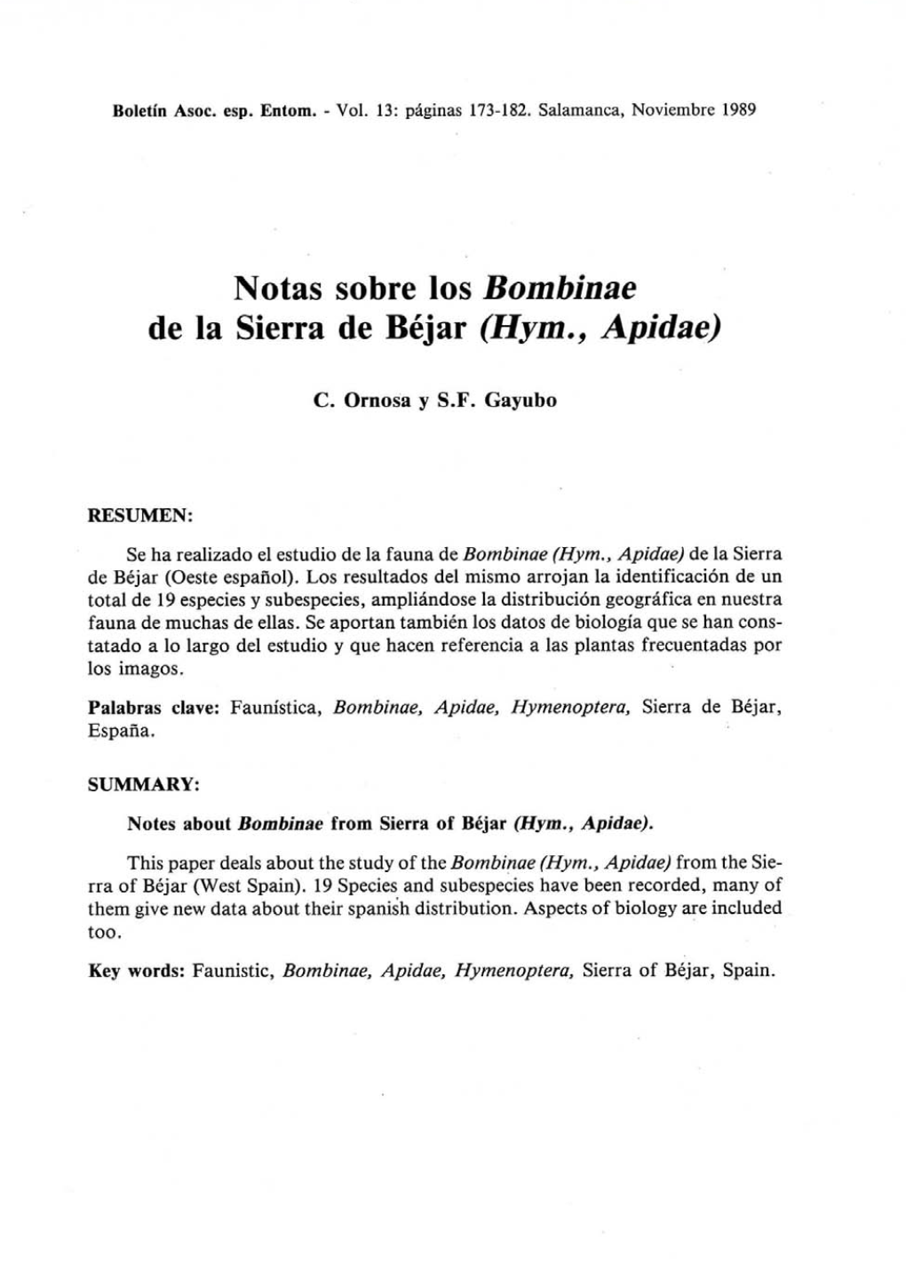 Notas Sobre Los Bombinae De La Sierra De Béjar (Hym., Apidae)