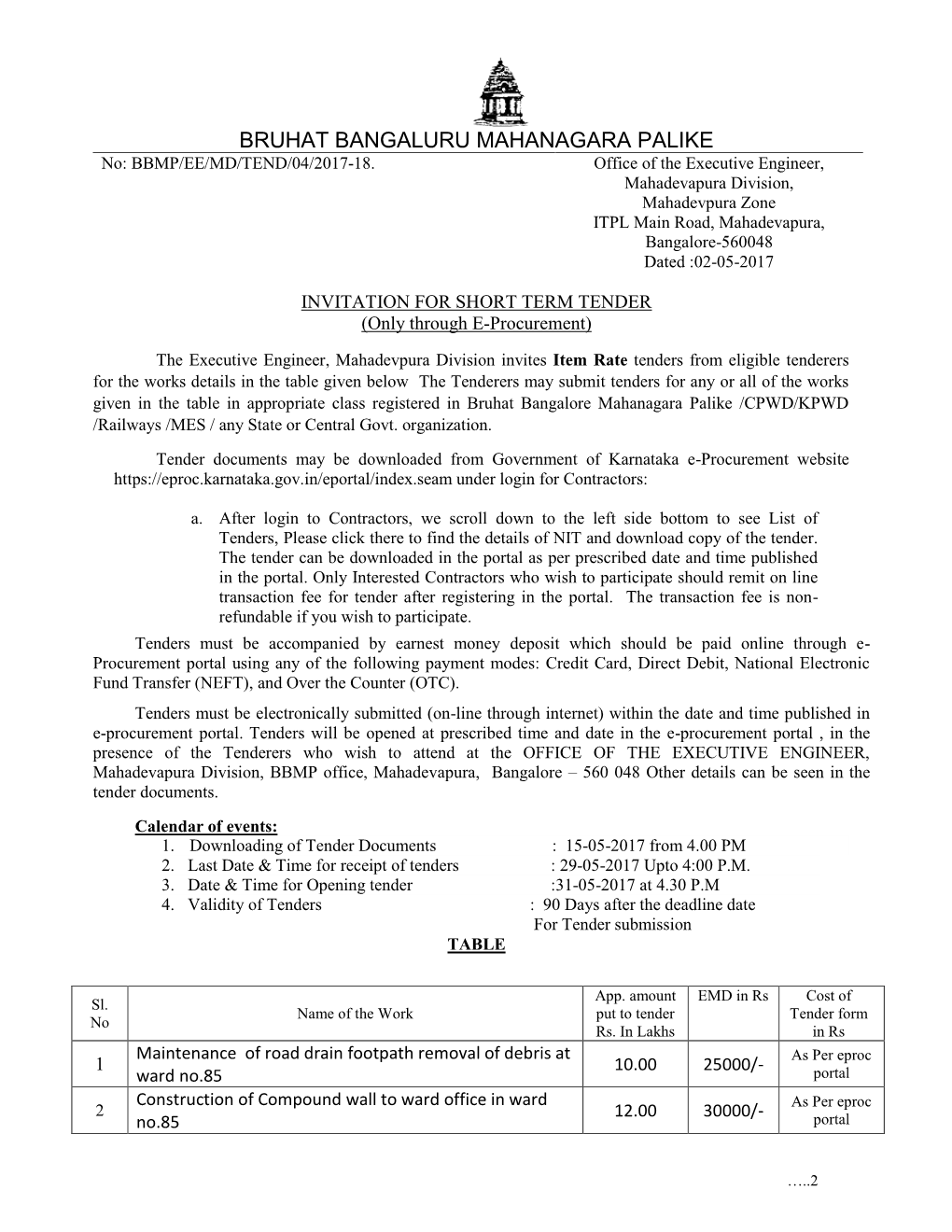 BRUHAT BANGALURU MAHANAGARA PALIKE No: BBMP/EE/MD/TEND/04/2017-18