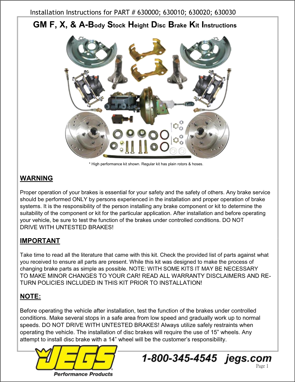 GM F, X, & A-Body Stock Height Disc Brake Kit Instructions