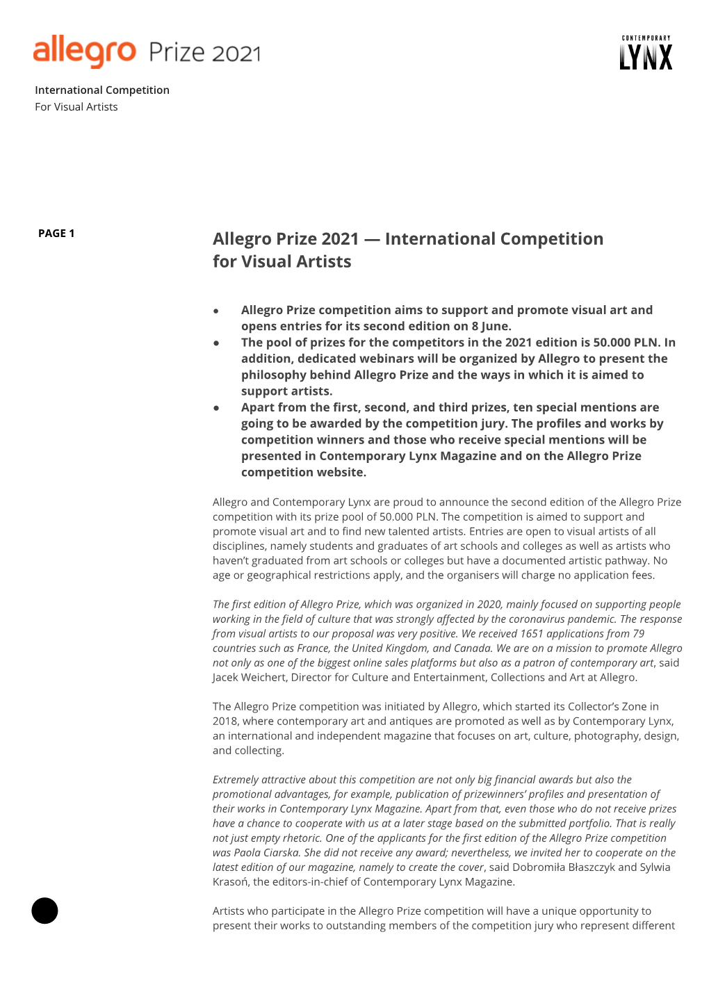 Allegro Prize 2021 — International Competition for Visual Artists