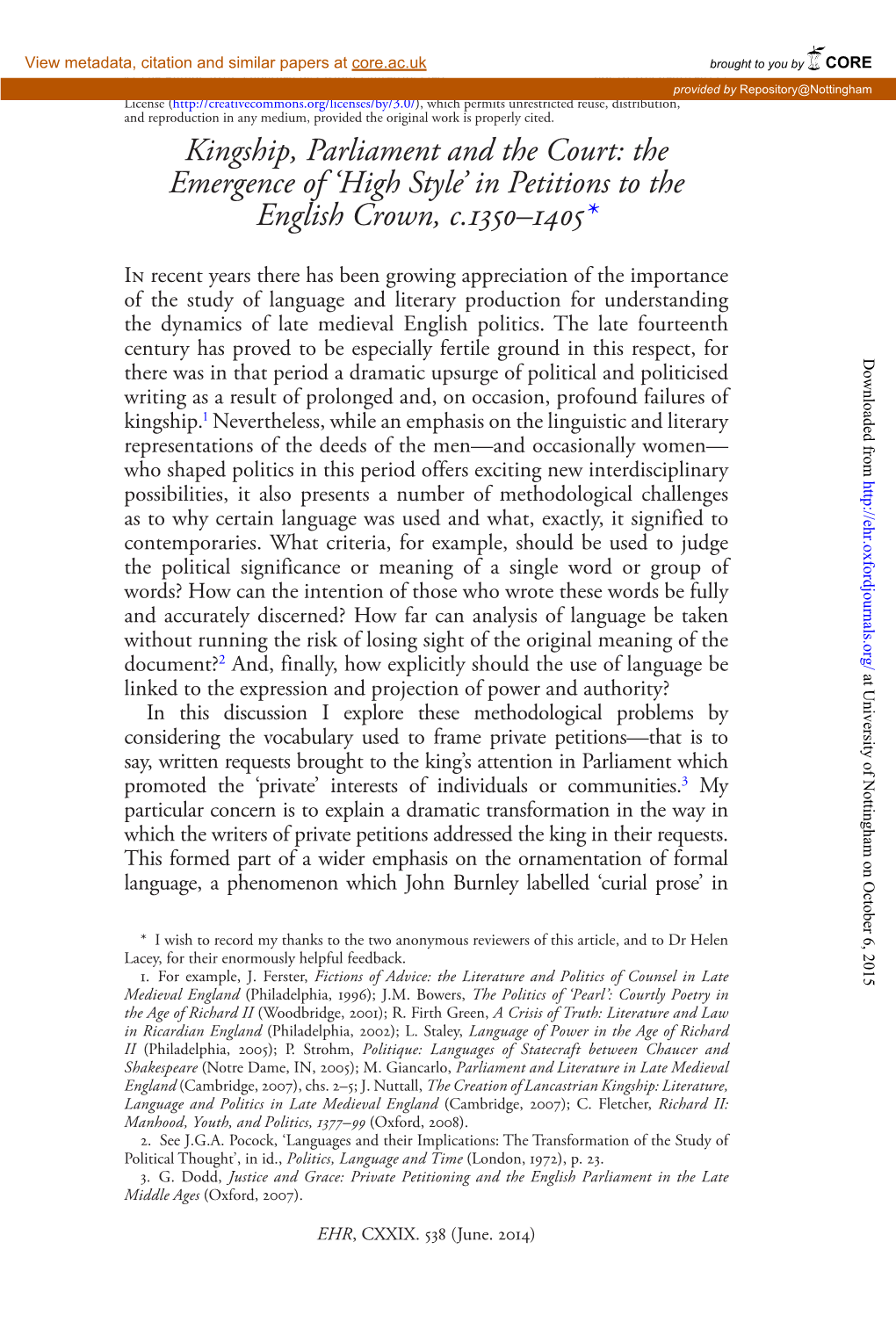 Kingship, Parliament and the Court: the Emergence of ‘High Style’ in Petitions to the English Crown, C.1350–1405*