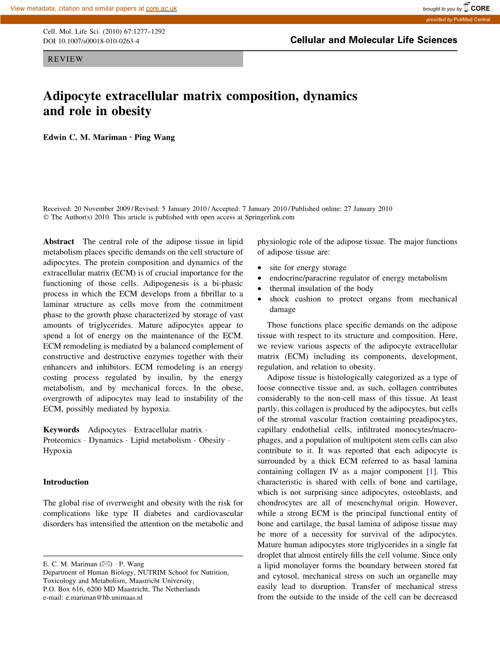 Adipocyte Extracellular Matrix Composition, Dynamics and Role in Obesity