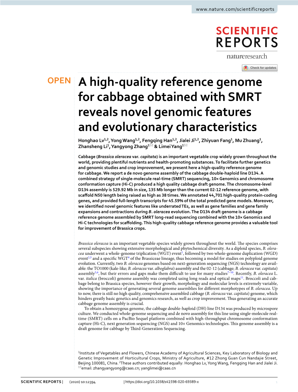 A High-Quality Reference Genome for Cabbage Obtained with SMRT Reveals Novel Genomic Features and Evolutionary Characteristics