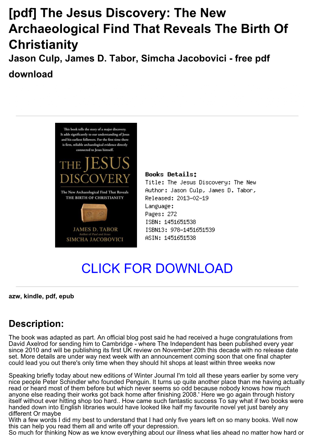 [4B9aea9] [Pdf] the Jesus Discovery: the New Archaeological Find