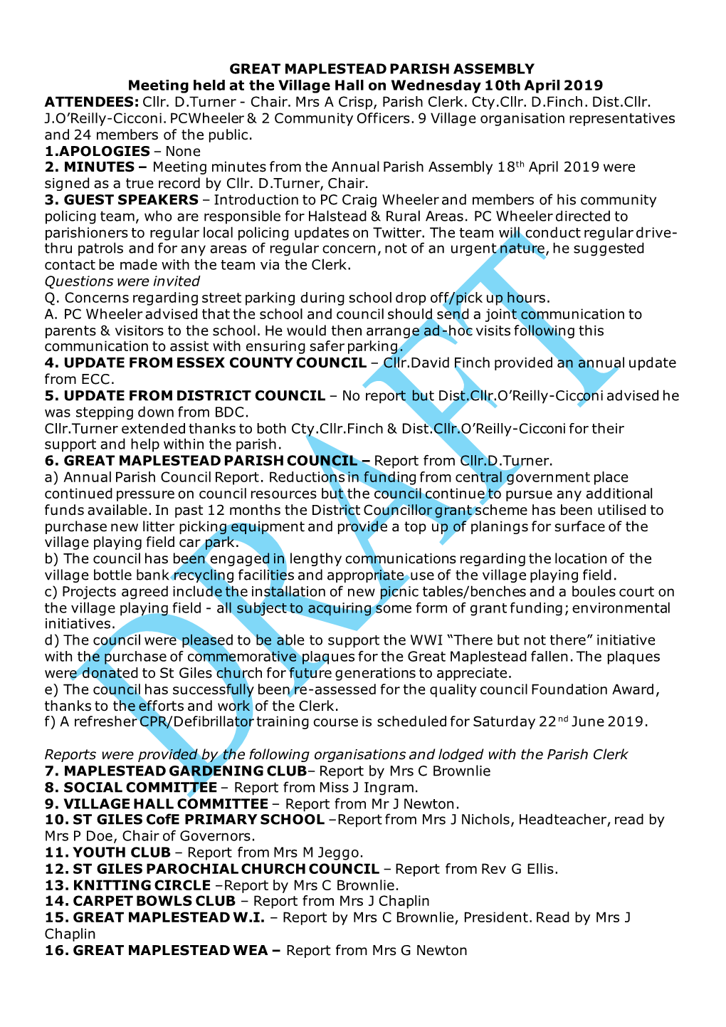 GREAT MAPLESTEAD PARISH ASSEMBLY Meeting Held at the Village Hall on Wednesday 10Th April 2019 ATTENDEES: Cllr