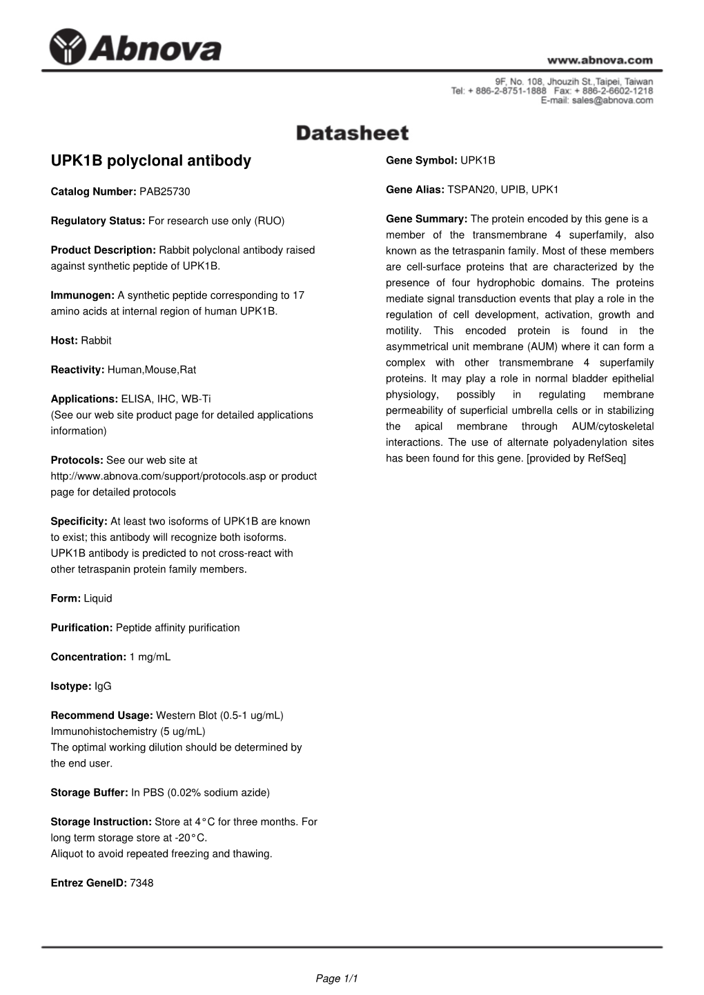 UPK1B Polyclonal Antibody Gene Symbol: UPK1B