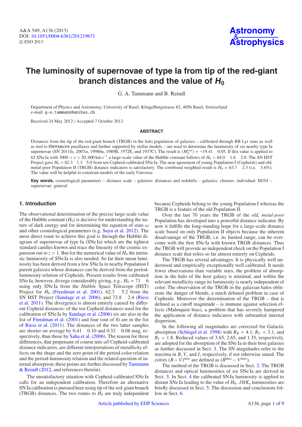 The Luminosity of Supernovae of Type Ia from Tip of the Red-Giant Branch Distances and the Value of H0 G