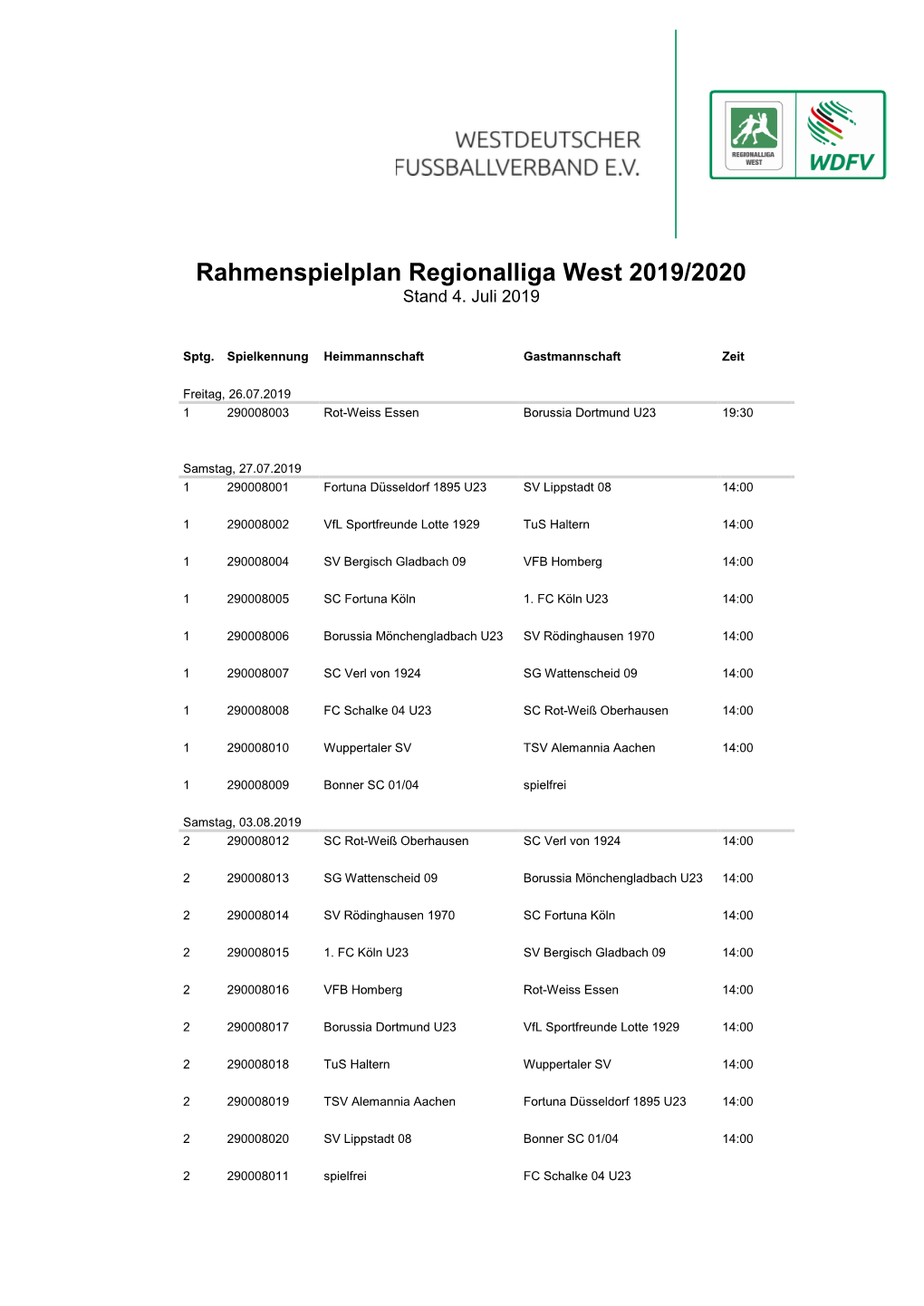 Rahmenspielplan Regionalliga West 2019/2020 Stand 4