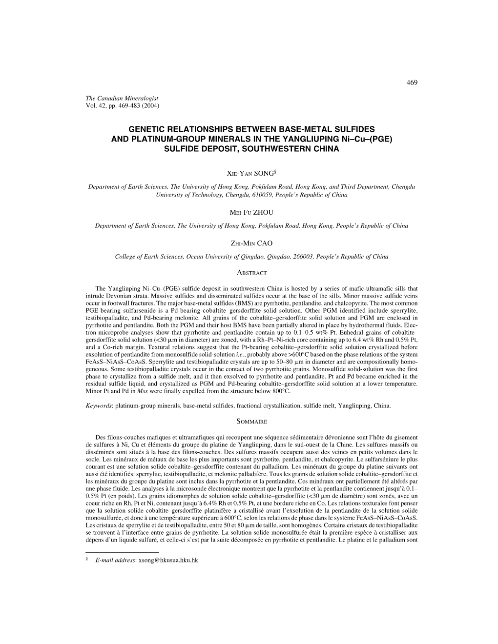 GENETIC RELATIONSHIPS BETWEEN BASE-METAL SULFIDES and PLATINUM-GROUP MINERALS in the YANGLIUPING Ni–Cu–(PGE) SULFIDE DEPOSIT, SOUTHWESTERN CHINA