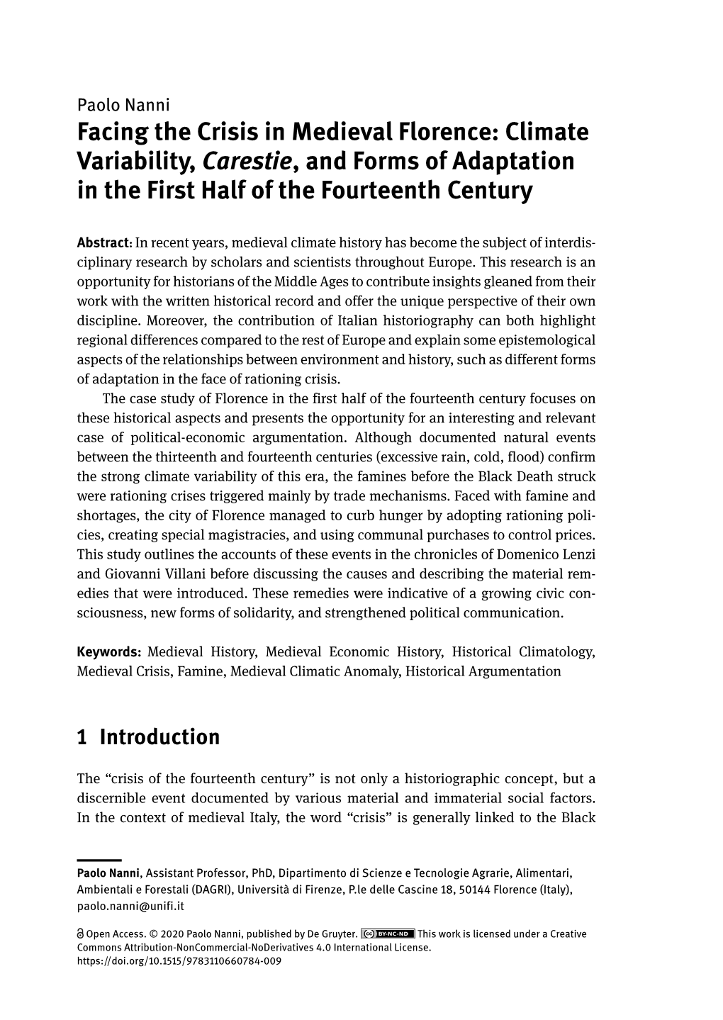 Facing the Crisis in Medieval Florence: Climate Variability, Carestie, and Forms of Adaptation in the First Half of the Fourteenth Century