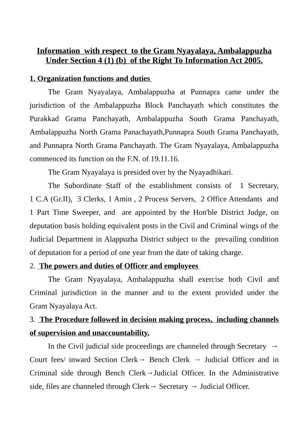 Information with Respect to the Gram Nyayalaya, Ambalappuzha Under Section 4 (1) (B) of the Right to Information Act 2005