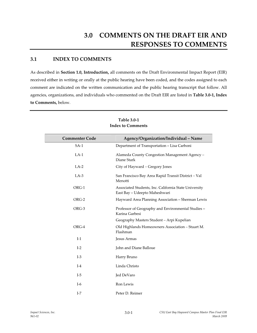 3.0 Comments on the Draft Eir and Responses to Comments