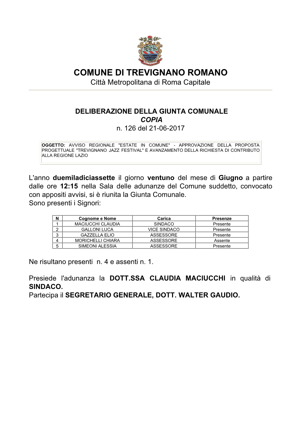 COMUNE DI TREVIGNANO ROMANO Città Metropolitana Di Roma Capitale