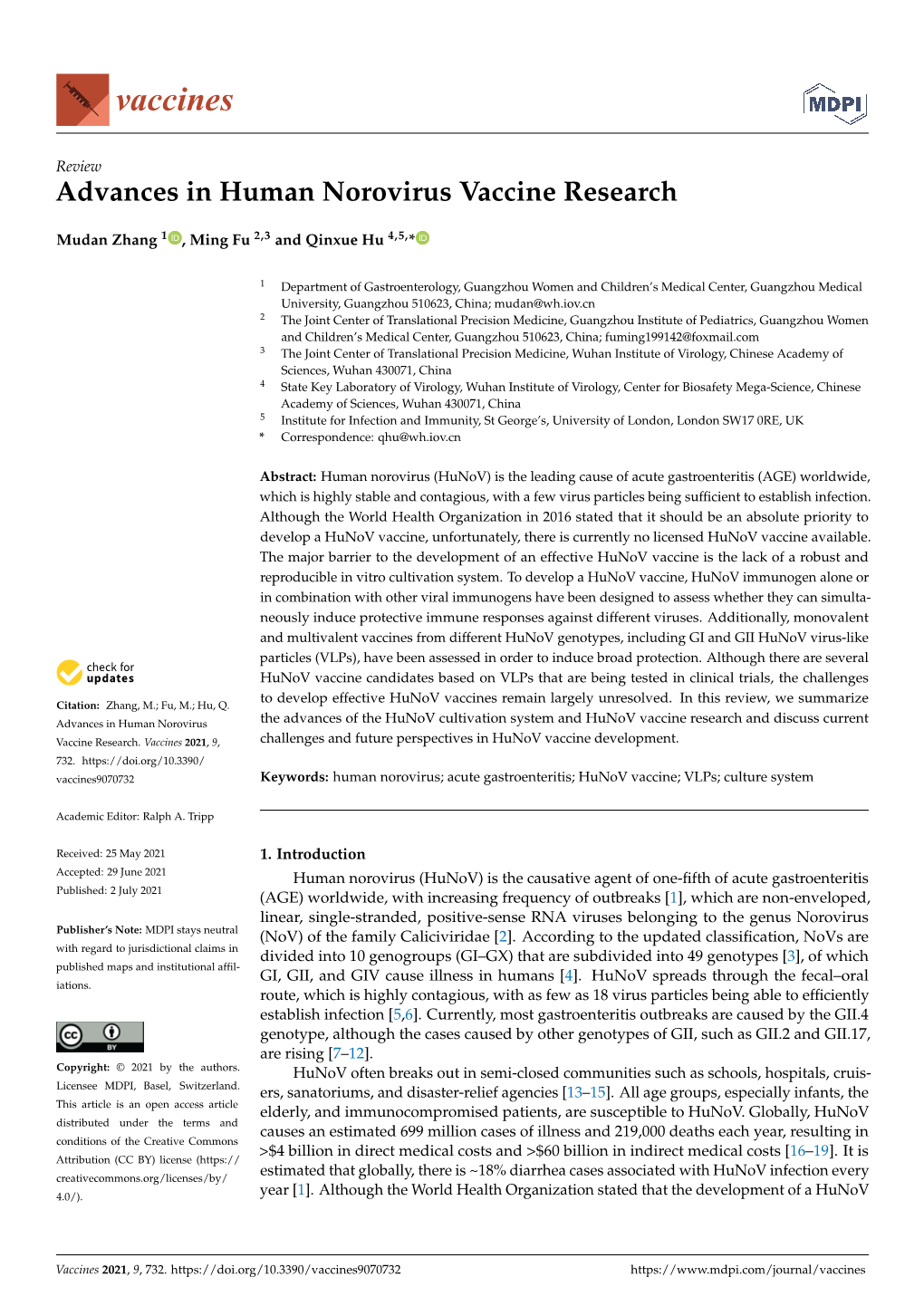 Advances in Human Norovirus Vaccine Research