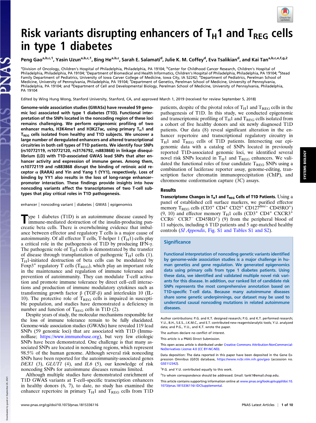 Risk Variants Disrupting Enhancers of TH1 and TREG Cells in Type 1 Diabetes