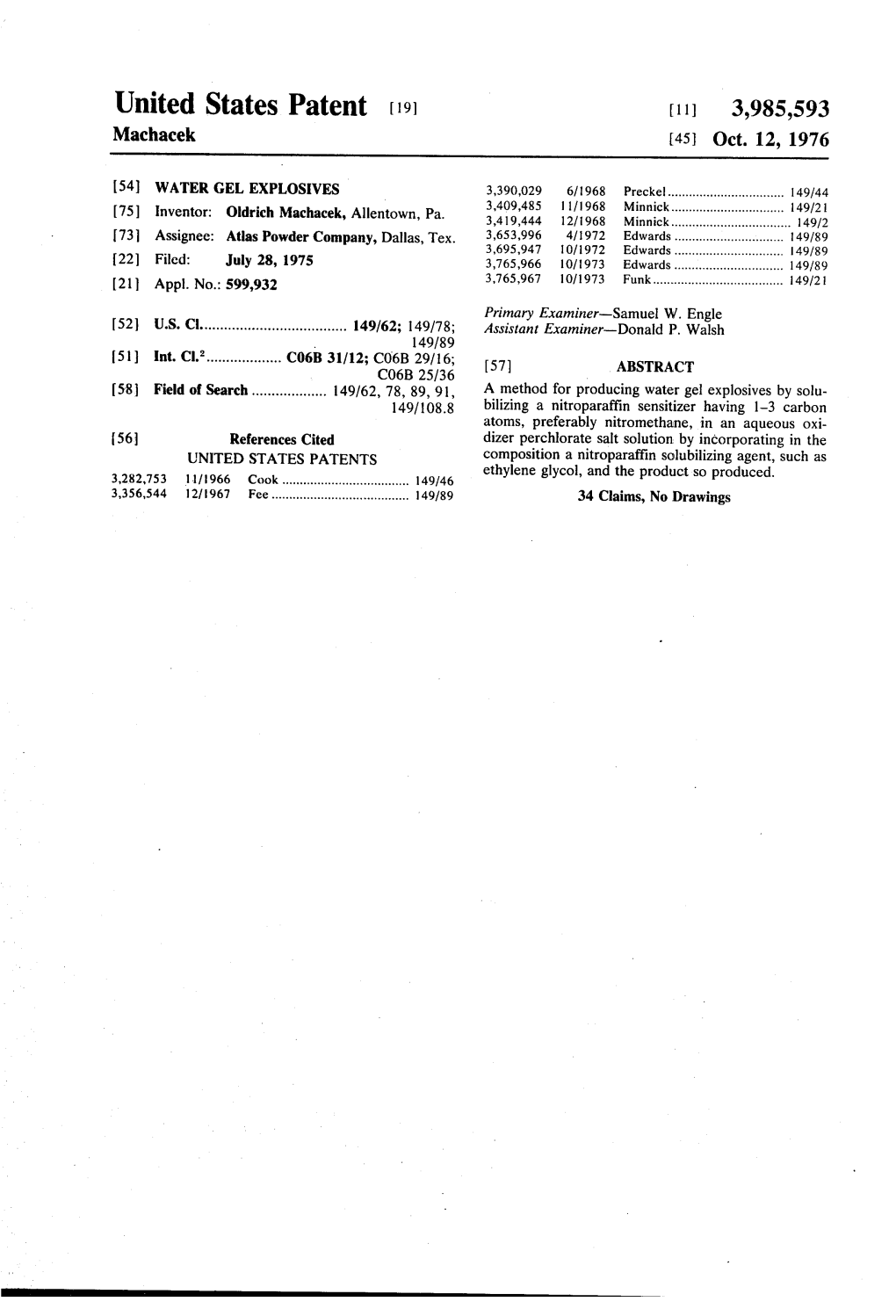 United States Patent (19) 11) 3,985,593 Machacek (45) Oct