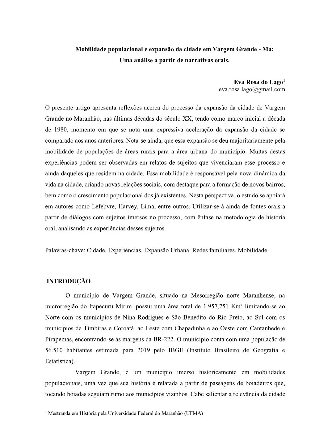 Mobilidade Populacional E Expansão Da Cidade Em Vargem Grande - Ma: Uma Análise a Partir De Narrativas Orais