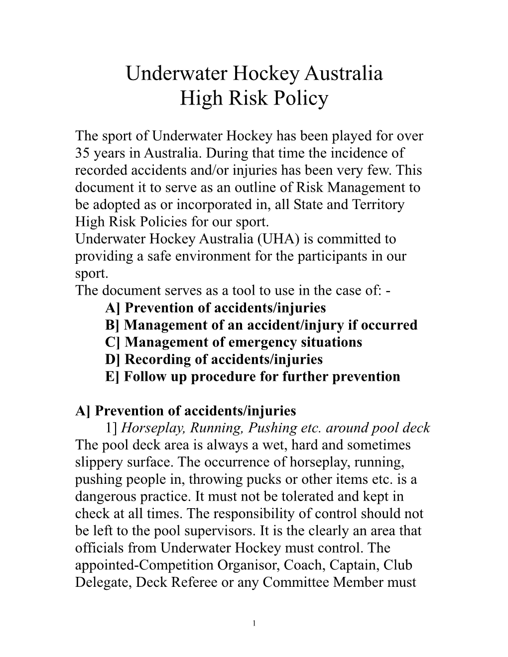 Underwater Hockey Australia High Risk Policy