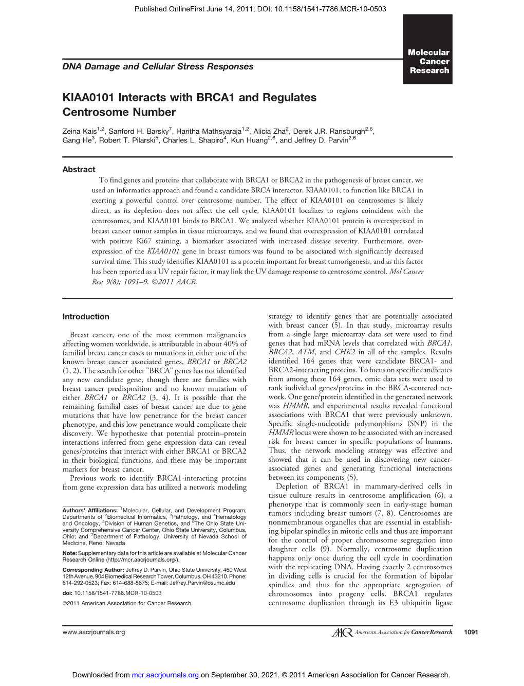 KIAA0101 Interacts with BRCA1 and Regulates Centrosome Number