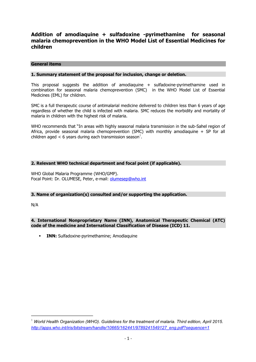 Addition of Amodiaquine + Sulfadoxine -Pyrimethamine for Seasonal Malaria Chemoprevention in the WHO Model List of Essential Medicines for Children
