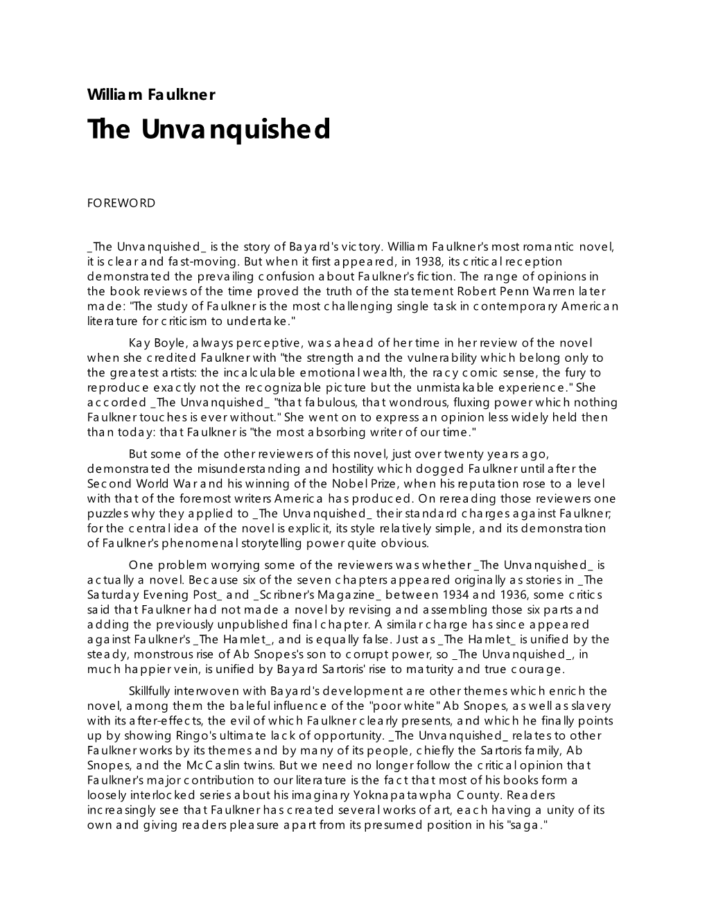 William Faulkner the Unvanquished