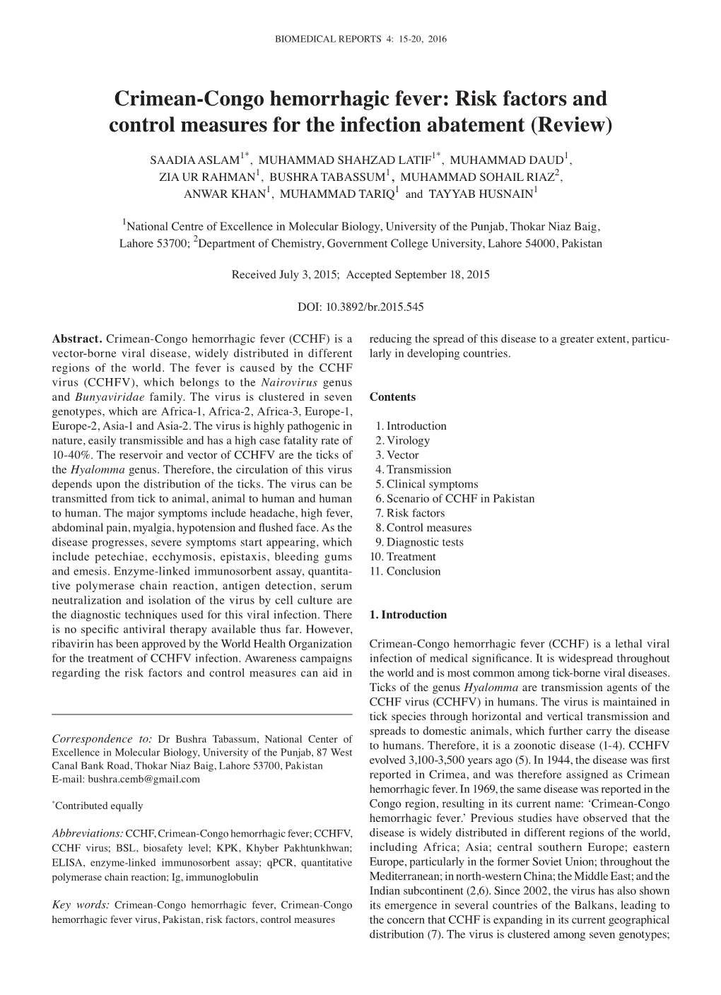 Crimean‑Congo Hemorrhagic Fever: Risk Factors and Control Measures for the Infection Abatement (Review)