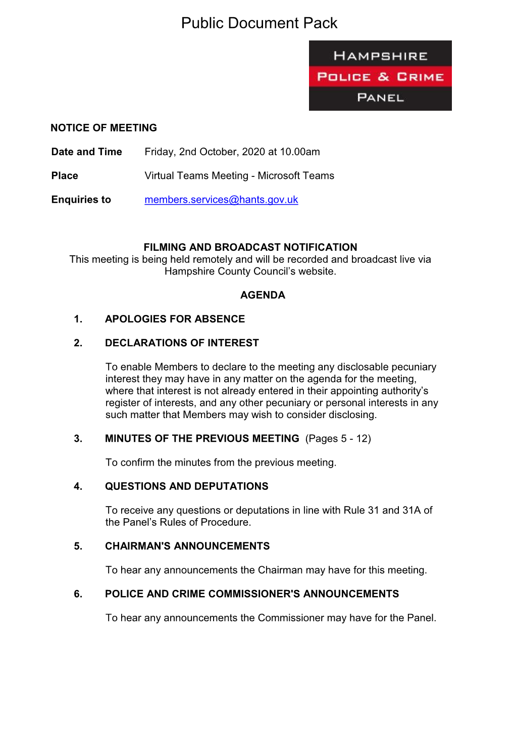 (Public Pack)Agenda Document for Hampshire Police and Crime Panel
