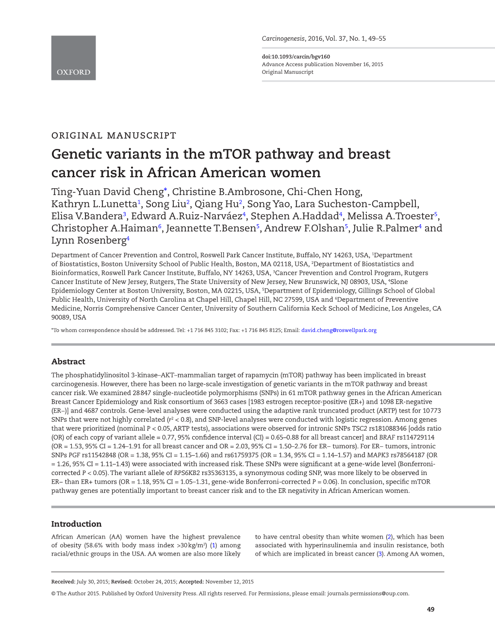 Genetic Variants in the Mtor Pathway and Breast Cancer Risk in African