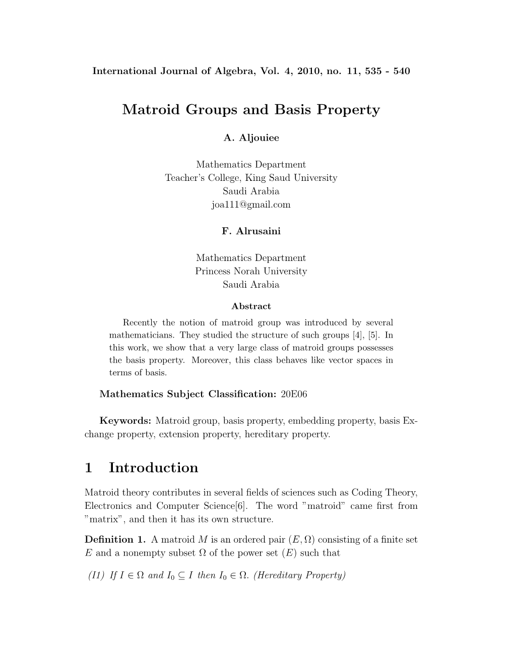 Matroid Groups and Basis Property