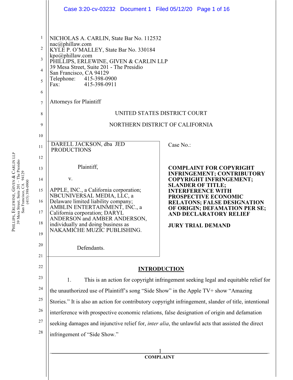 1 NICHOLAS A. CARLIN, State Bar No. 112532 Nac@Phillaw.Com KYLE P. O'malley, State Bar No. 330184 Kpo@Phillaw.Com PHILLIPS, ER