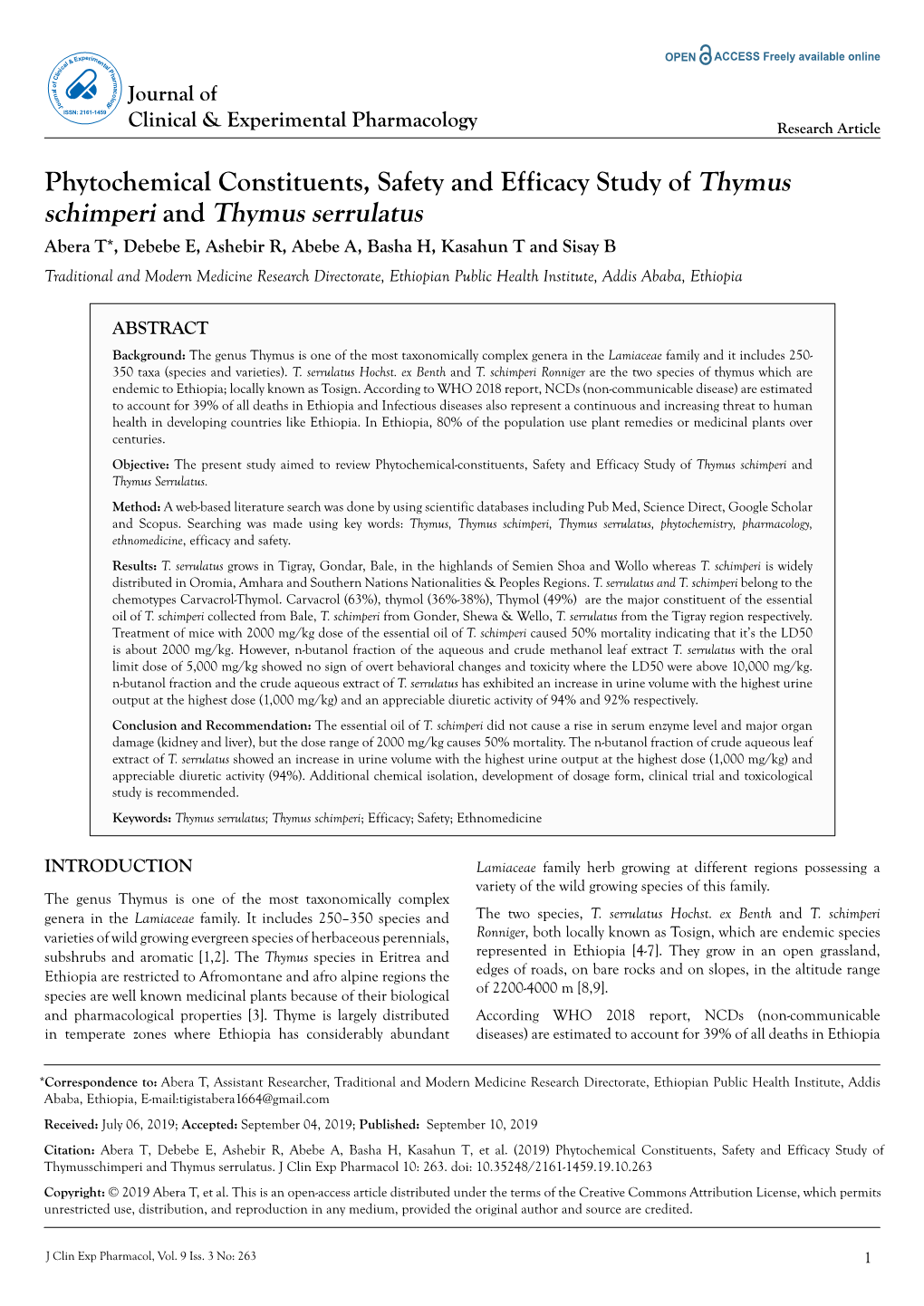 Phytochemical Constituents, Safety and Efficacy Study of Thymus Schimperi and Thymus Serrulatus