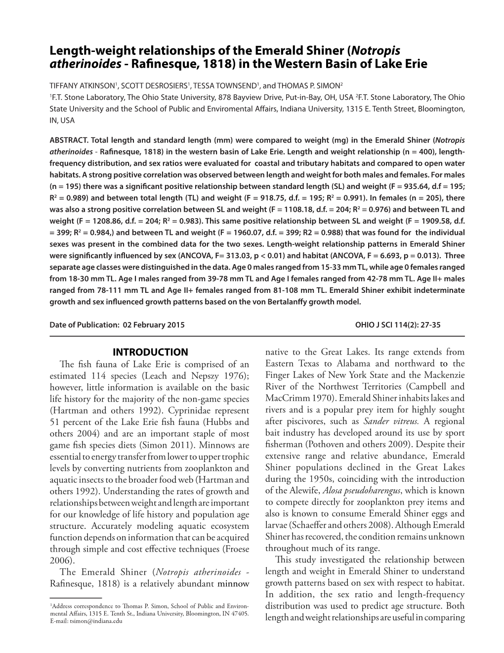 (Notropis Atherinoides - Rafinesque, 1818) in the Western Basin of Lake Erie