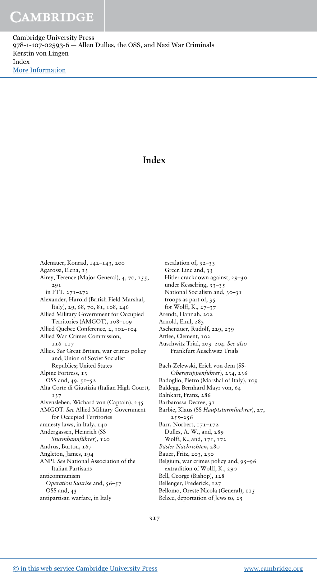 Cambridge University Press 978-1-107-02593-6 — Allen Dulles, the OSS, and Nazi War Criminals Kerstin Von Lingen Index More Information