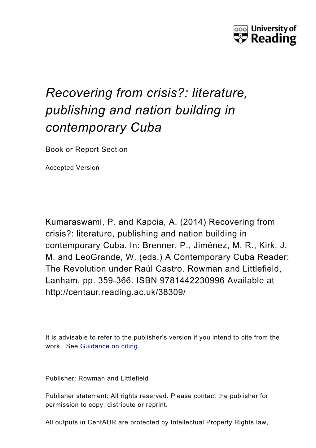 Literature, Publishing and Nation Building in Contemporary Cuba