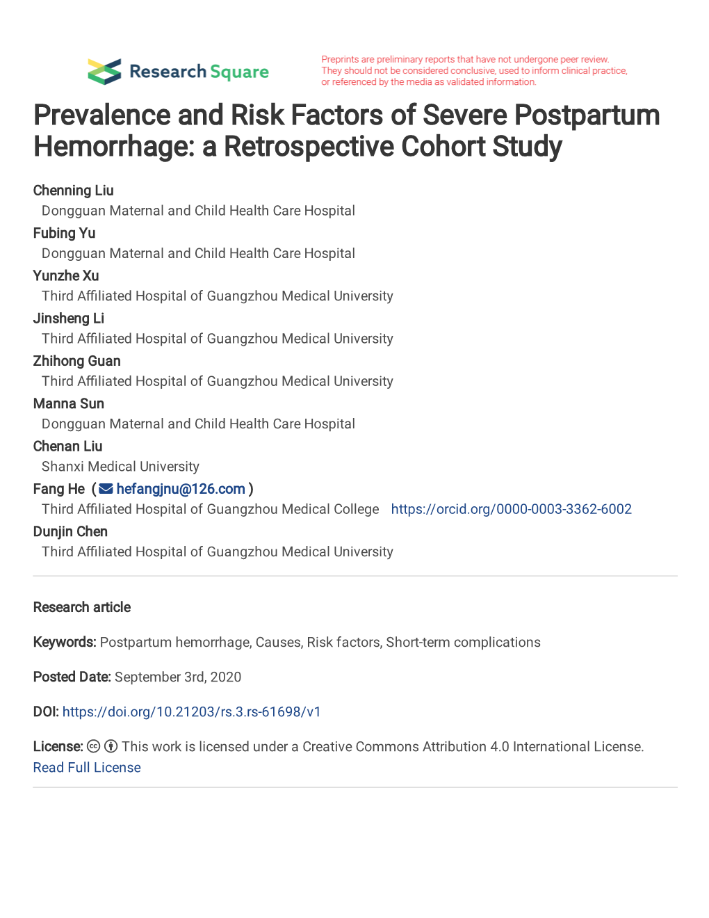 Prevalence and Risk Factors of Severe Postpartum Hemorrhage: a Retrospective Cohort Study