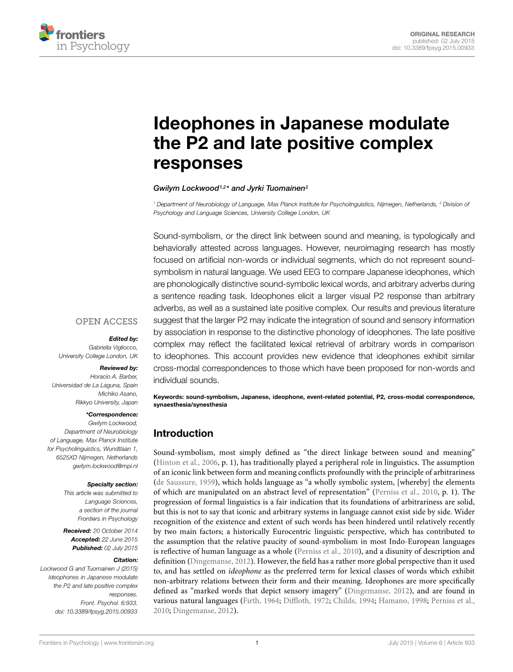 Ideophones in Japanese Modulate the P2 and Late Positive Complex Responses