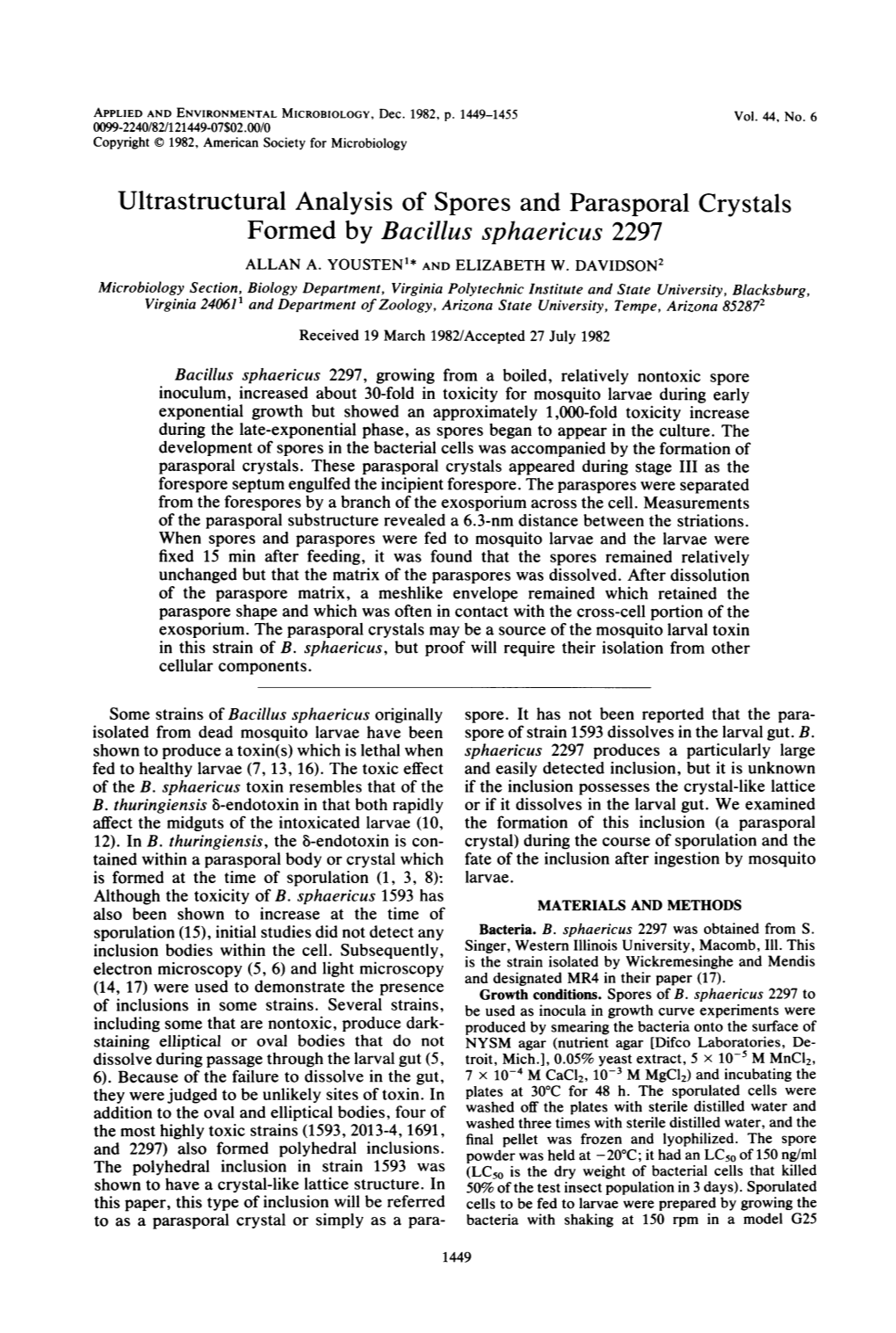 Ultrastructural Analysis of Spores and Parasporal Crystals Formed by Bacillus Sphaericus 2297 ALLAN A