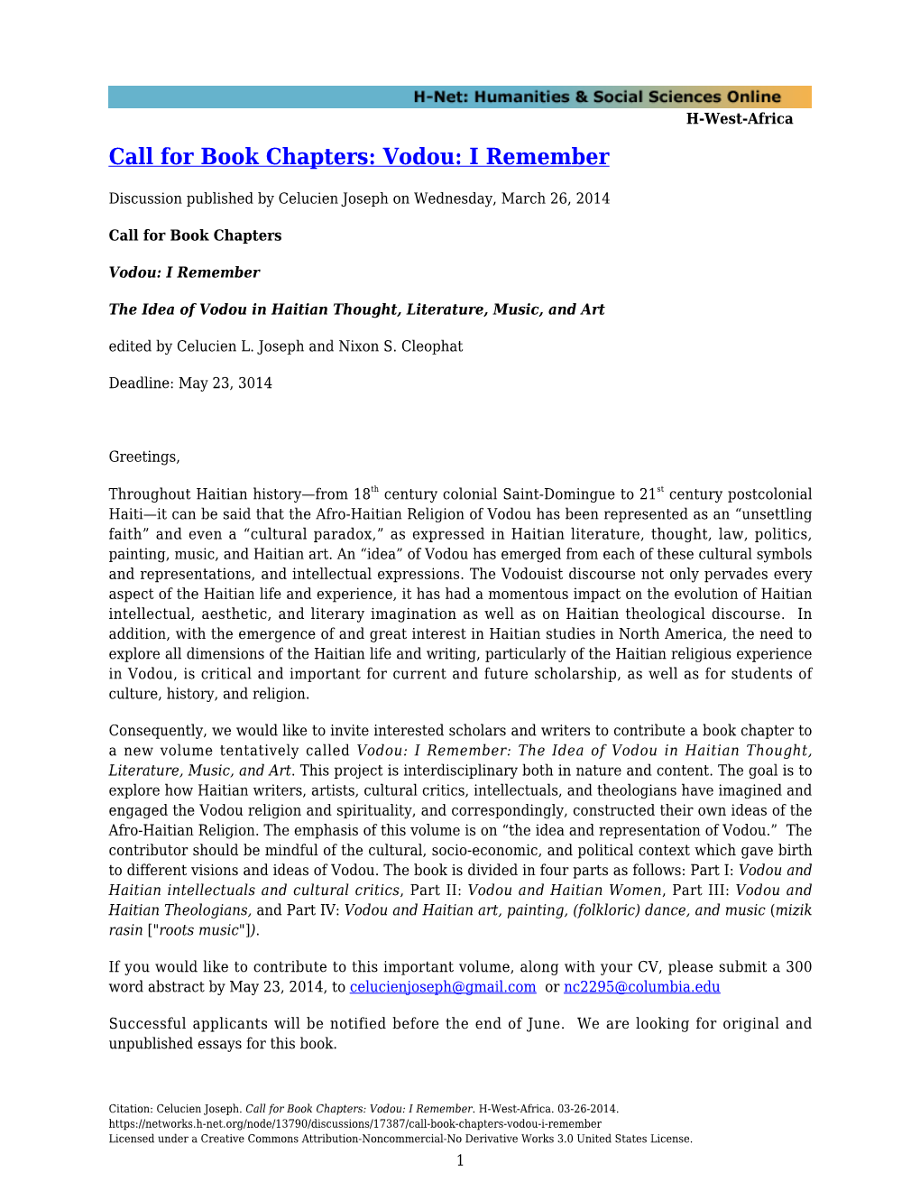 Call for Book Chapters: Vodou: I Remember