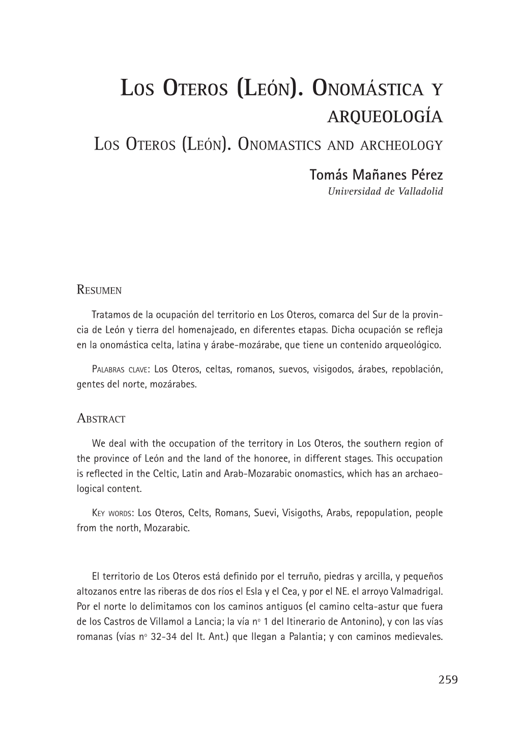 Los Oteros (León). Onomástica Y Arqueología Los Oteros (León)