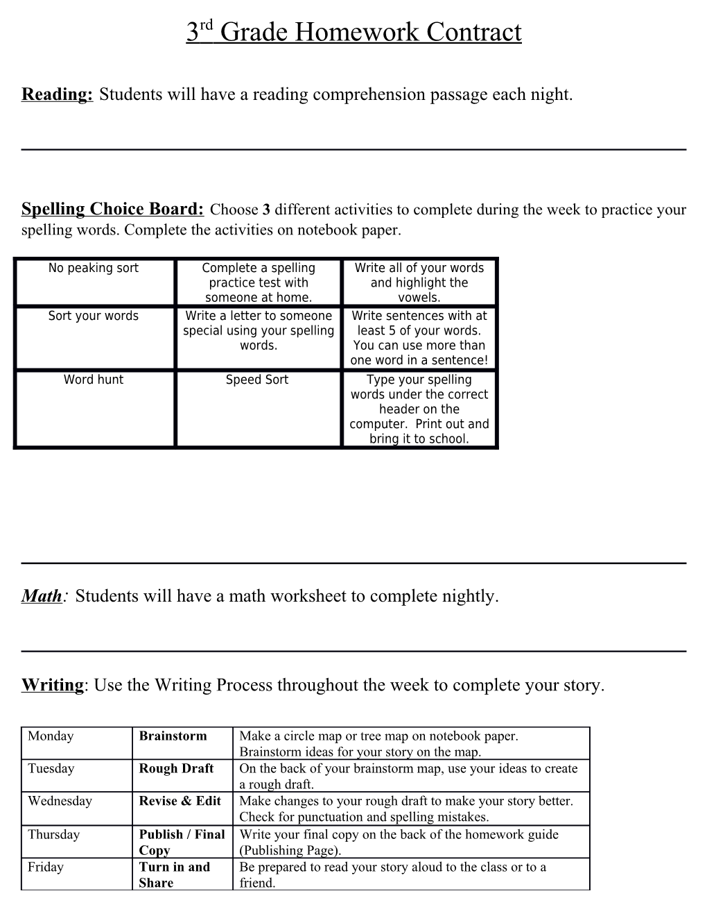 3Rd Grade Homework Contract