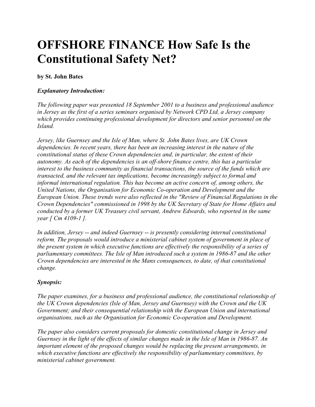 OFFSHORE FINANCE How Safe Is the Constitutional Safety Net? by St