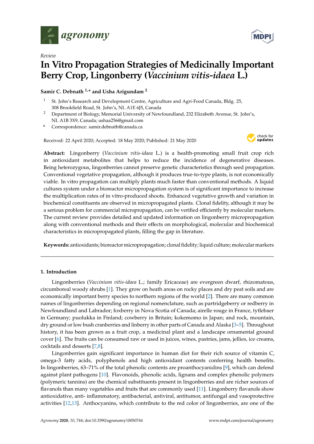 In Vitro Propagation Strategies of Medicinally Important Berry Crop, Lingonberry (Vaccinium Vitis-Idaea L.)