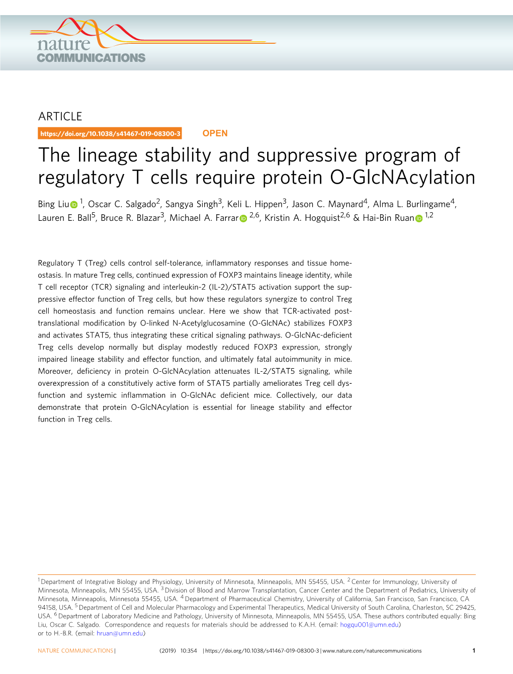 The Lineage Stability and Suppressive Program of Regulatory T Cells Require Protein O-Glcnacylation