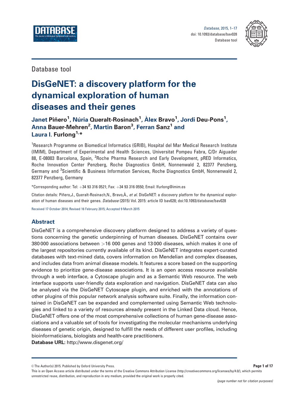 Disgenet: a Discovery Platform for the Dynamical Exploration of Human