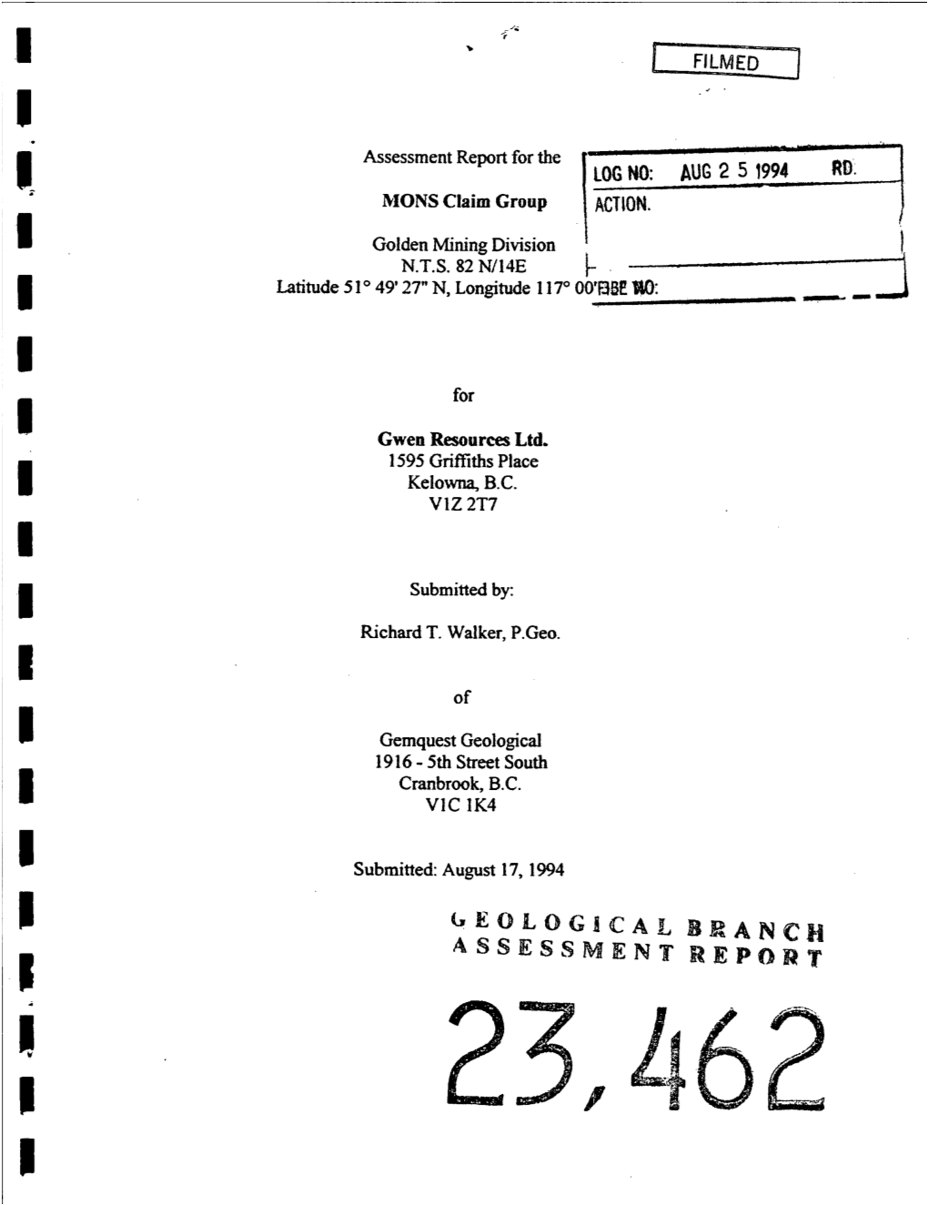 Assessment Report for the ILOGNO: AUG 2 5 1994D RD