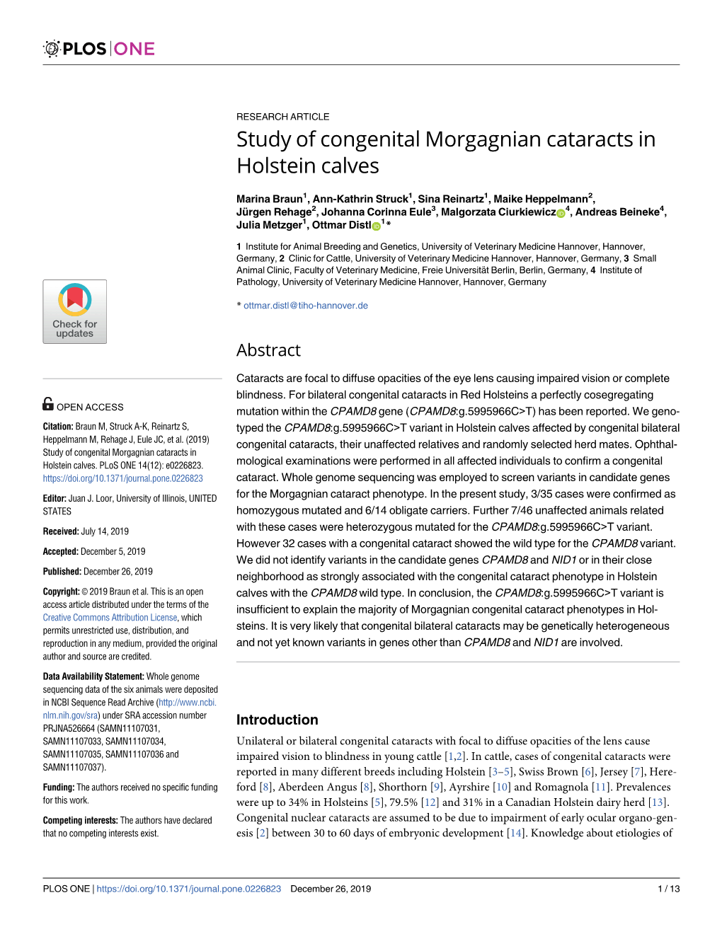Study of Congenital Morgagnian Cataracts in Holstein Calves