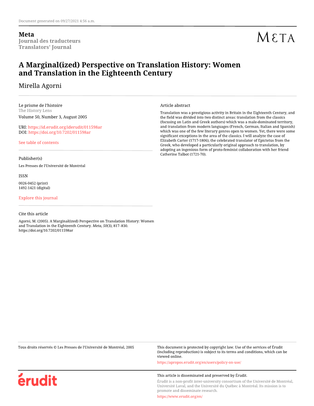 Women and Translation in the Eighteenth Century Mirella Agorni