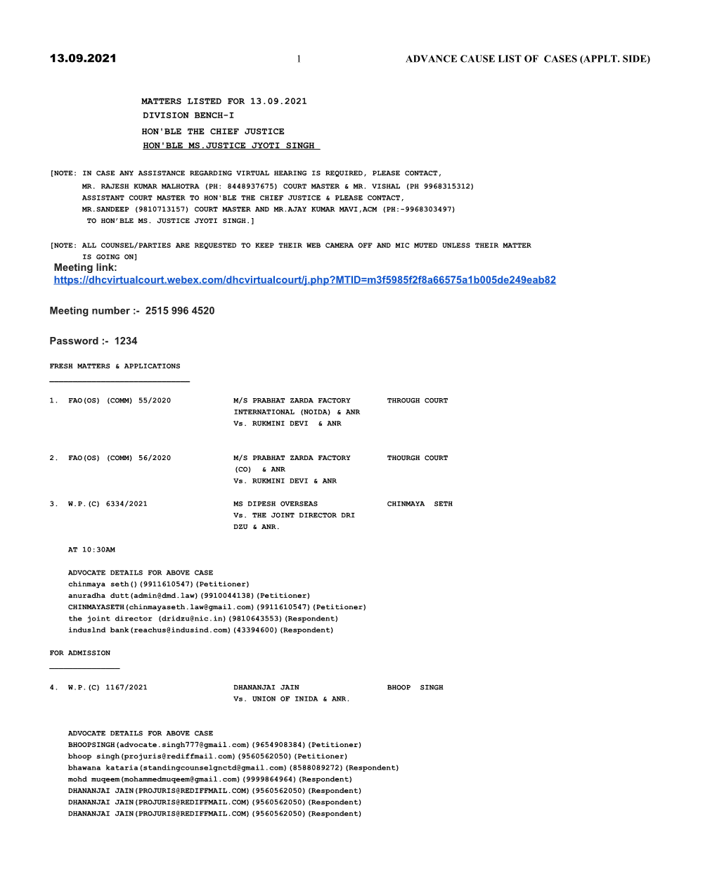 1 ADVANCE CAUSE LIST of CASES (APPLT. SIDE) Meeting Link: Https