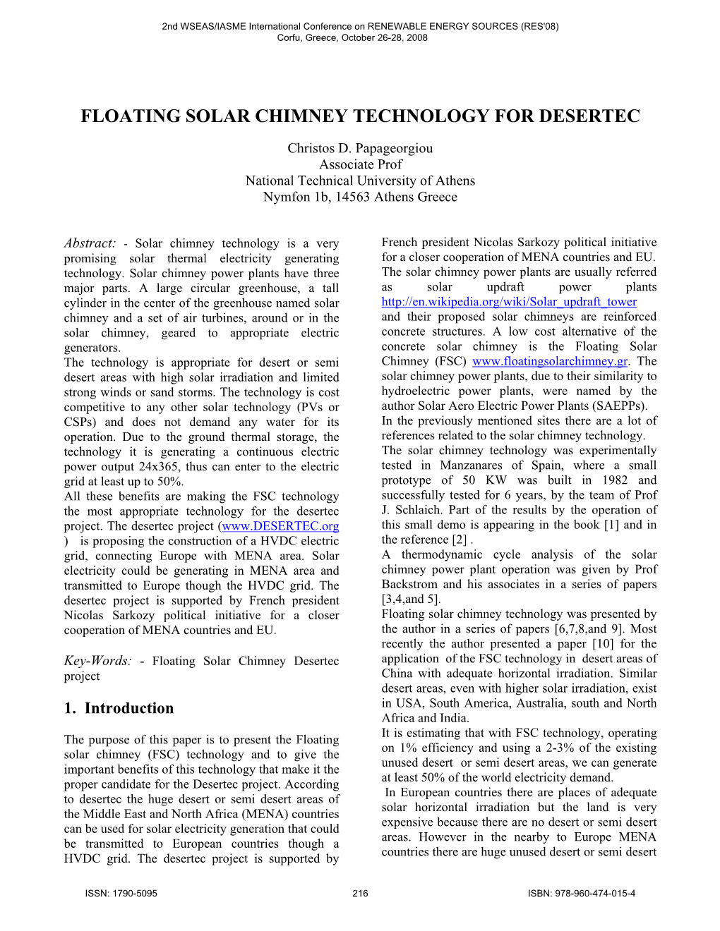 Floating Solar Chimney Technology for Desertec