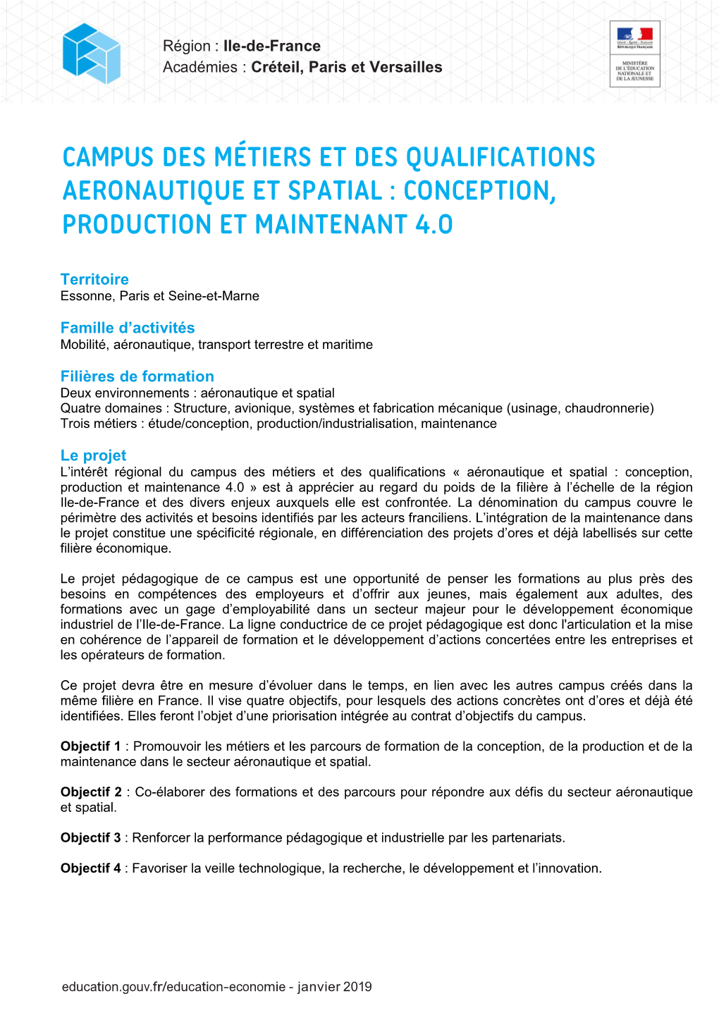 Campus Des Métiers Et Des Qualifications Aeronautique Et Spatial : Conception, Production Et Maintenant 4.0